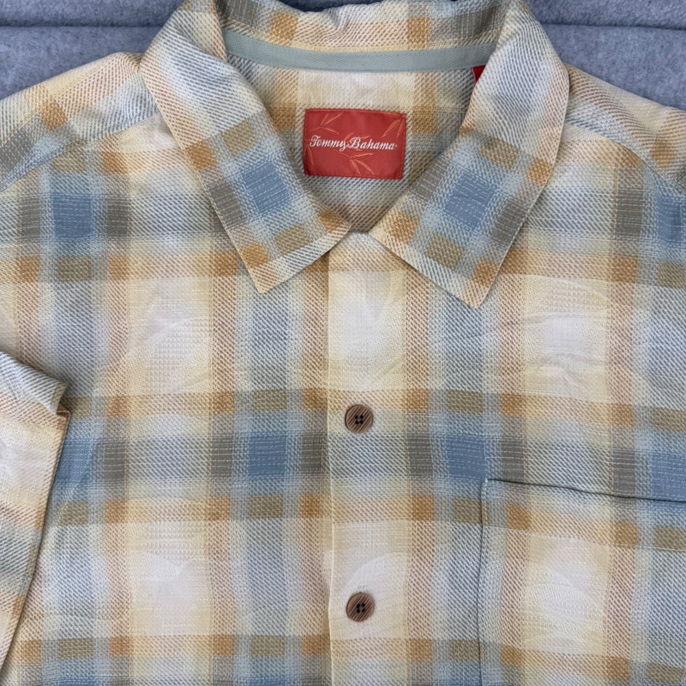 Tommy Bahama Mens Large Silk Plaid Tropical Jacquard Camp Shirt Yellow Blue L/G